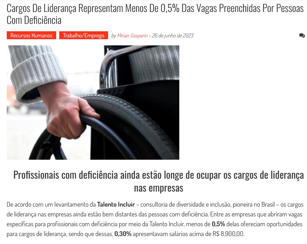 Reprodução da notícia Cargos de liderança representam menos de 0,5% das vagas preenchidas por pessoas com deficiência